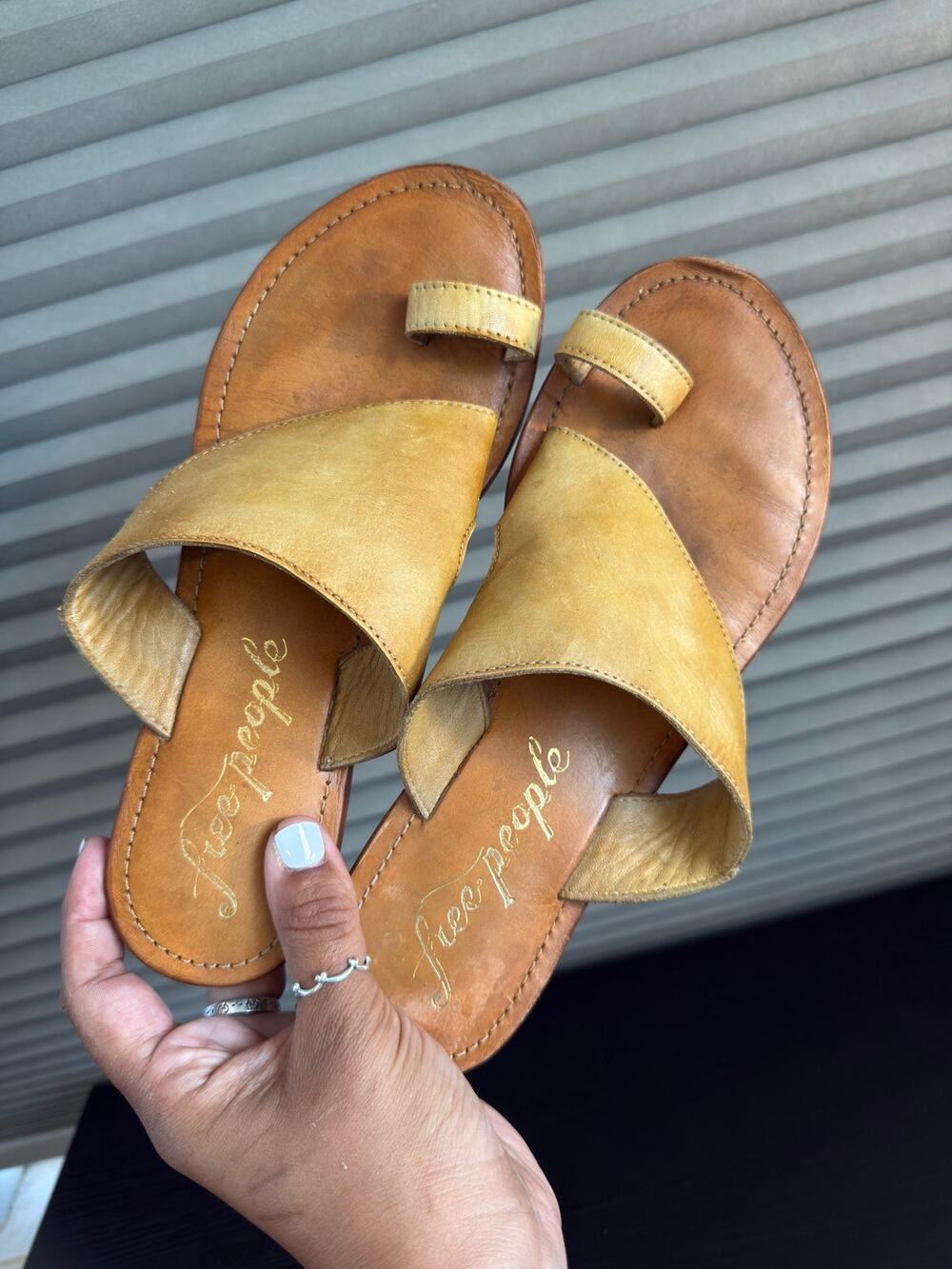 Free People Leather Toe Ring Slide Sandals Mustard Yellow EU 38 Boho